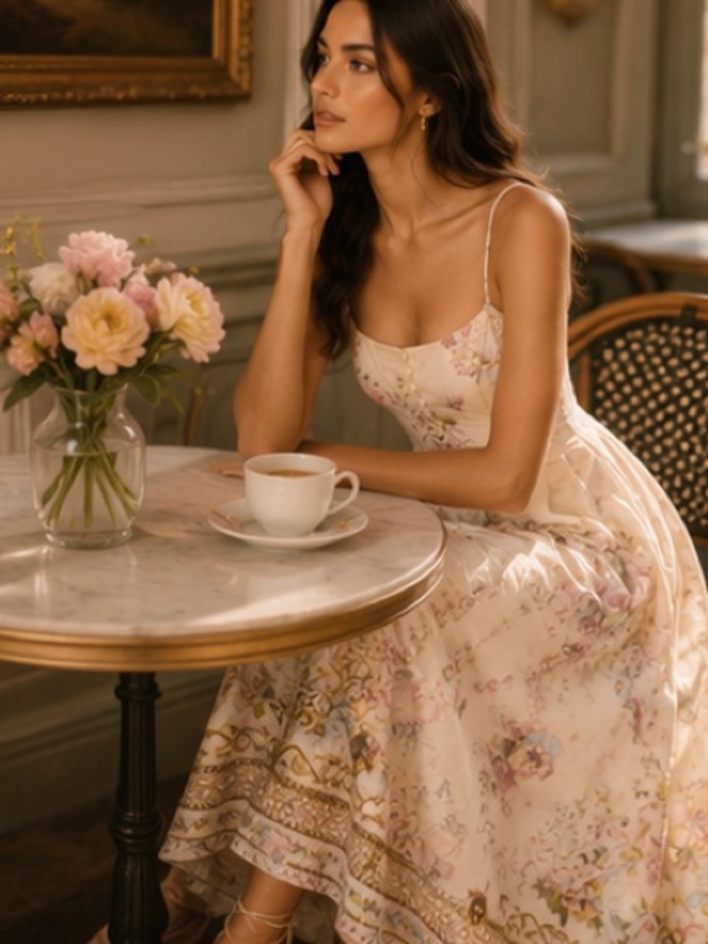 Floral Cream Midi Sundress with Delicate Print - Picture 7 of 12